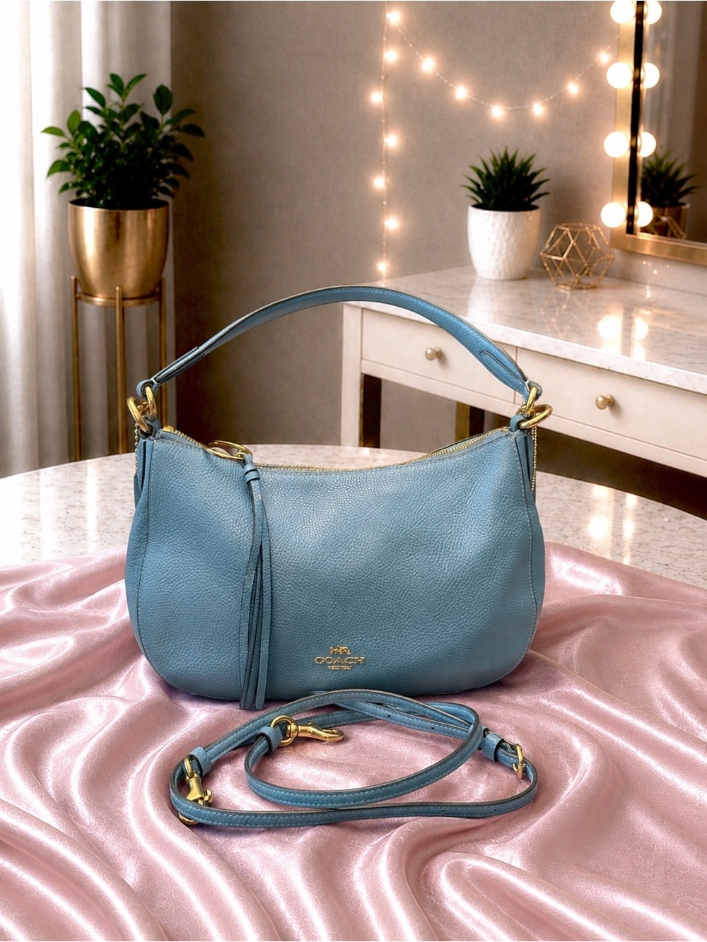 Coach Pebbled Leather Hobo Bag in Slate Blue